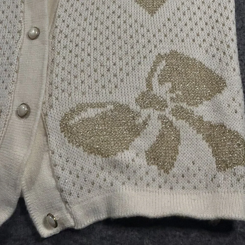 Vintage Cream Metallic Long Sleeve Cardigan Sweater Gold Bow Holiday Pearl - Picture 9 of 15